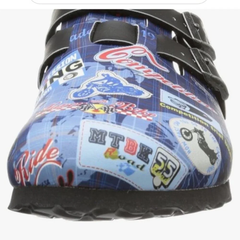 Birkis Original Kay Racing Motorbikes Slip-On Clogs Mens Size 9 Blue/Black